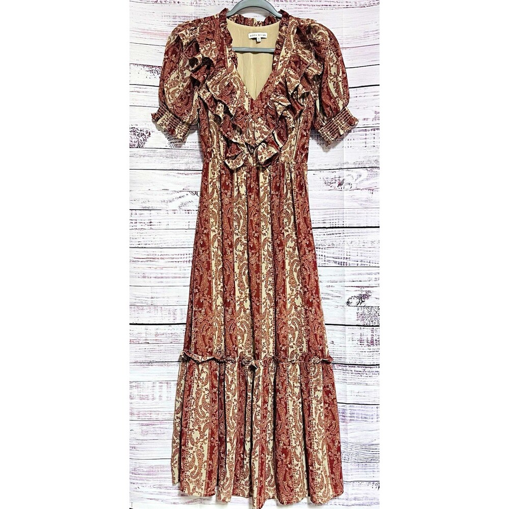 Moon River Burgundy Paisley Ruffle Smocked Lined V-Neck Maxi/Midi Dress XS